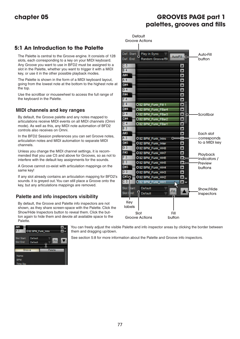 1 an introduction to the palette, Midi channels and key ranges, Palette and info inspectors visibility | Palettes, grooves and fills | FXpansion BFD2 Manual User Manual | Page 77 / 180