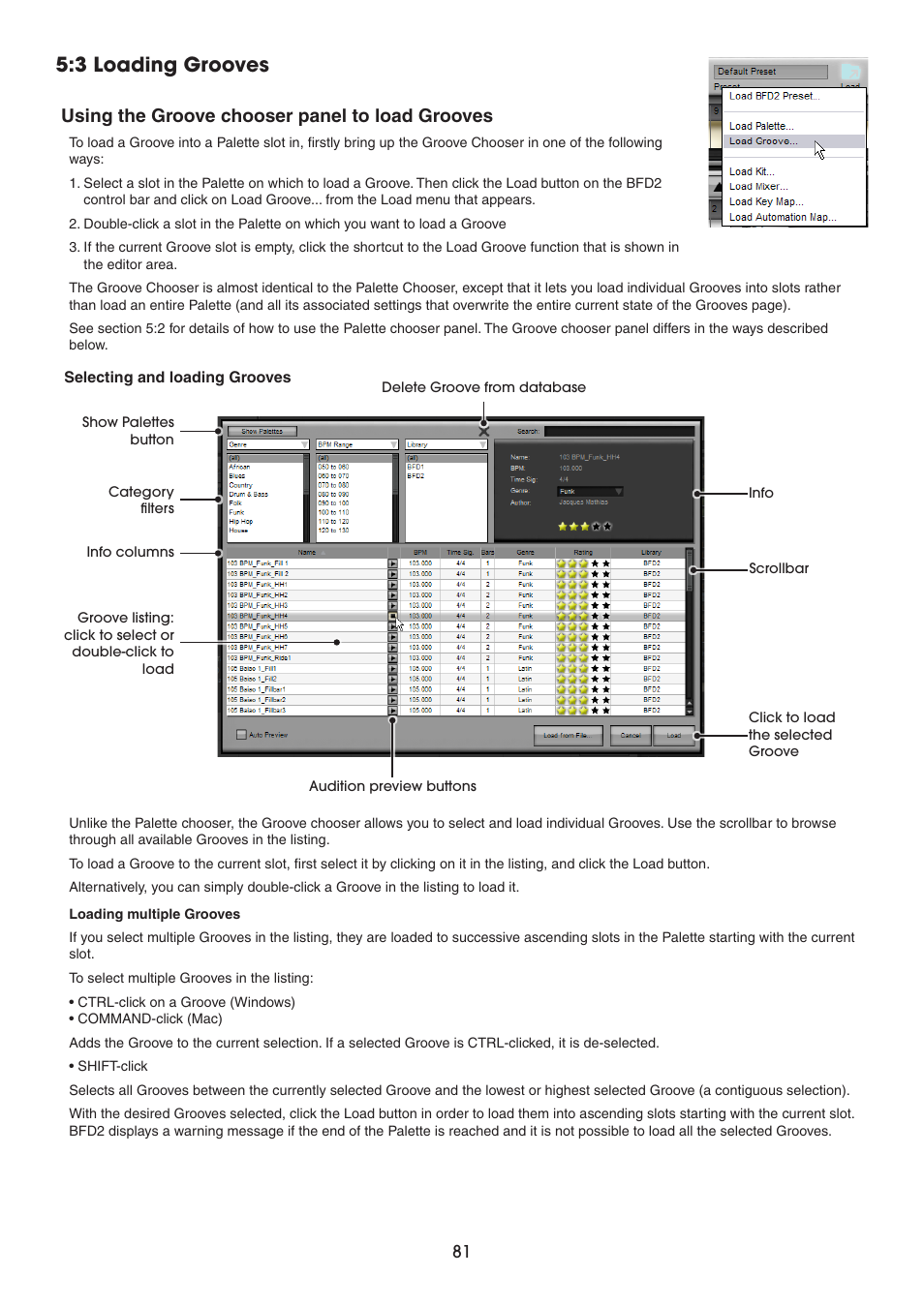 3 loading grooves, Using the groove chooser panel to load grooves | FXpansion BFD2 Manual User Manual | Page 81 / 180