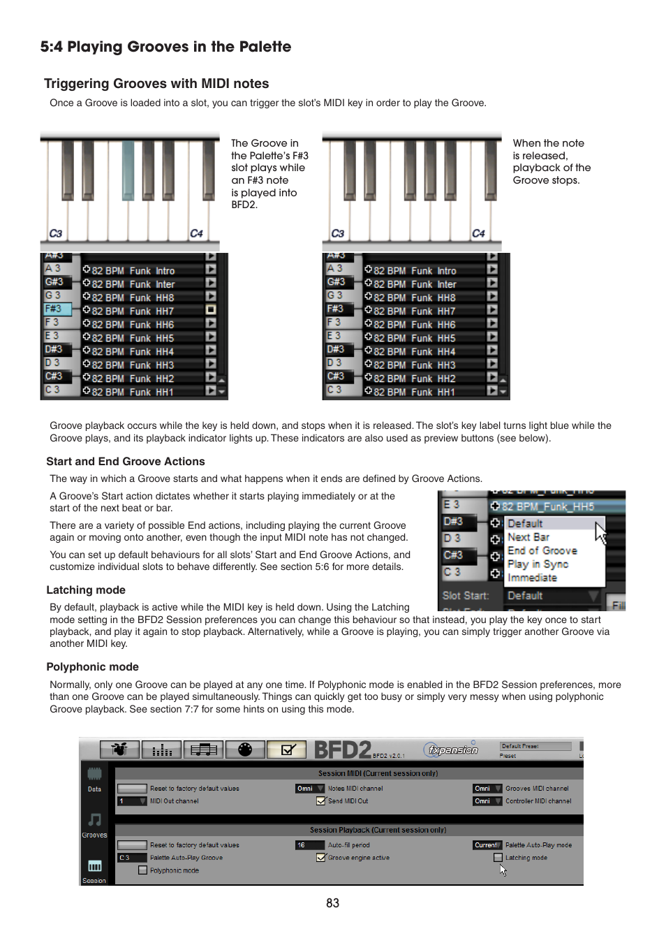 4 playing grooves in the palette, Triggering grooves with midi notes | FXpansion BFD2 Manual User Manual | Page 83 / 180