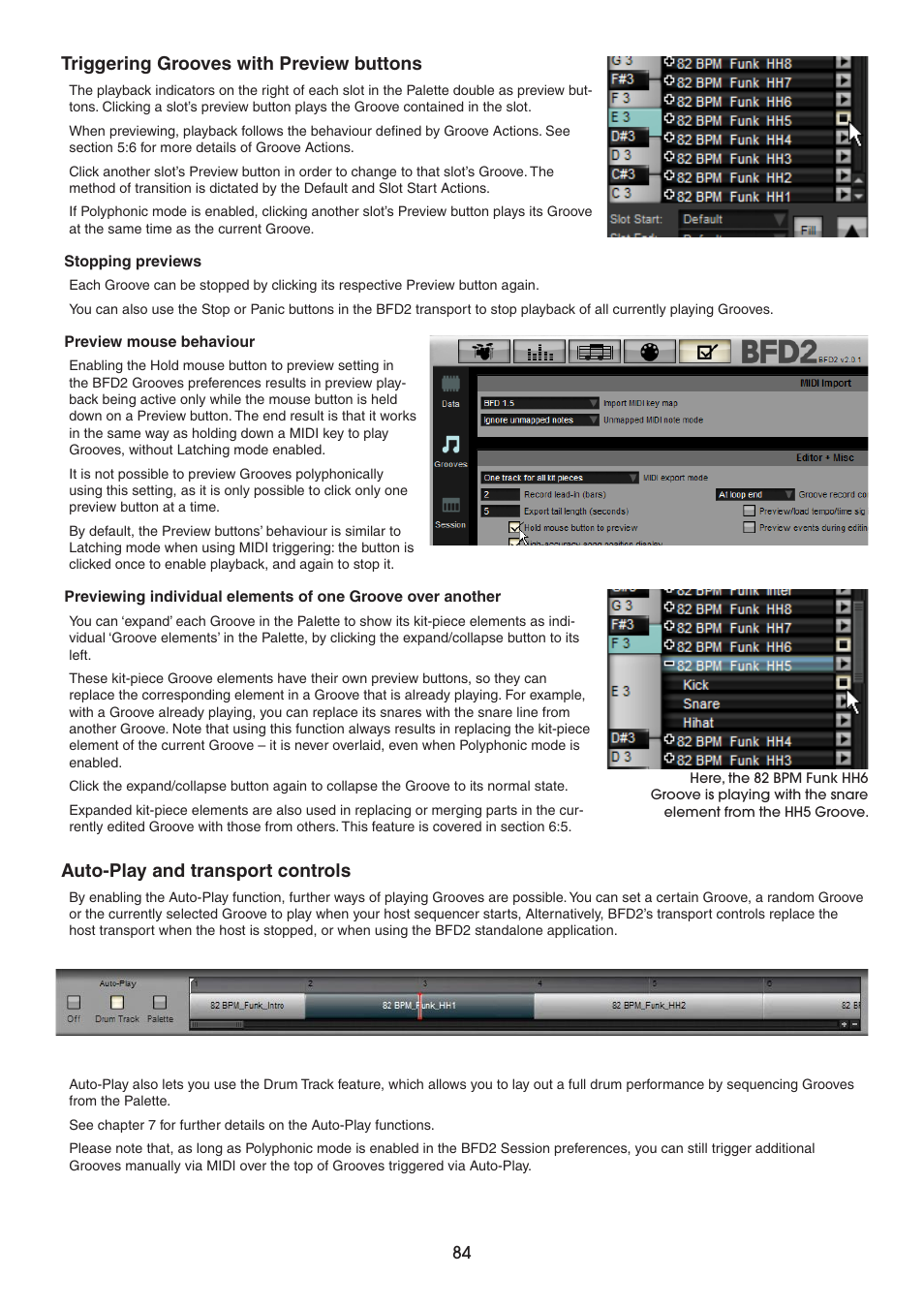 Triggering grooves with preview buttons, Auto-play and transport controls | FXpansion BFD2 Manual User Manual | Page 84 / 180