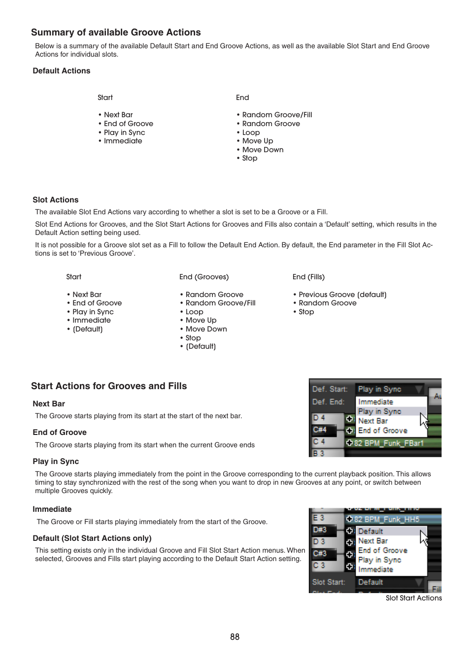 Summary of available groove actions, Start actions for grooves and fills | FXpansion BFD2 Manual User Manual | Page 88 / 180