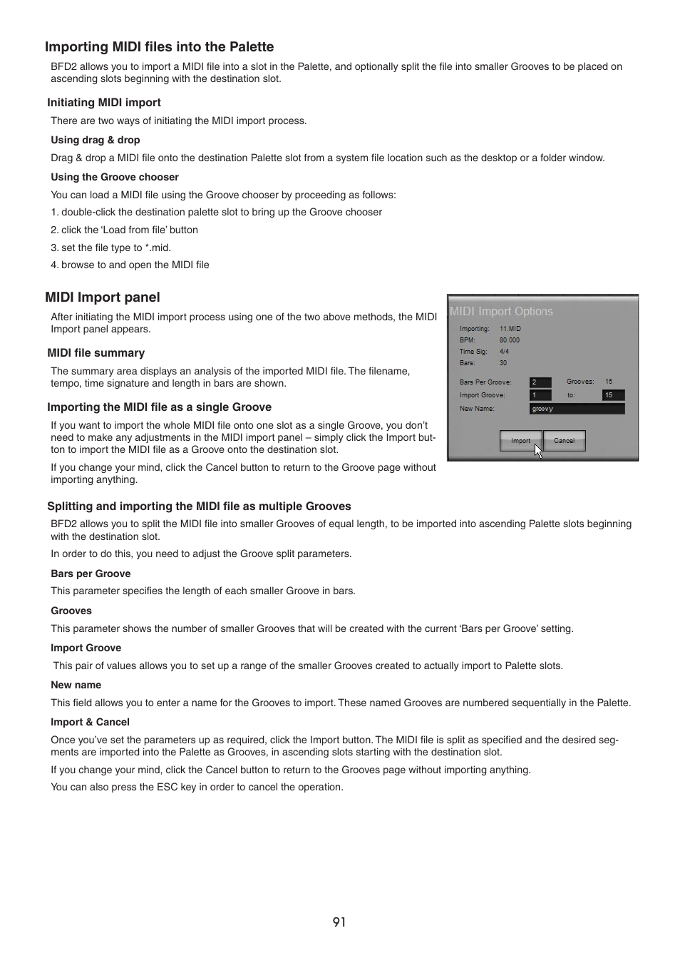 Importing midi files into the palette, Midi import panel | FXpansion BFD2 Manual User Manual | Page 91 / 180