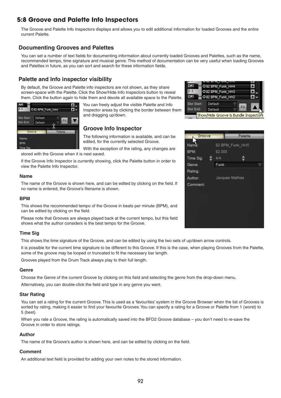 8 groove and palette info inspectors, Documenting grooves and palettes, Palette and info inspector visibility | Groove info inspector | FXpansion BFD2 Manual User Manual | Page 92 / 180