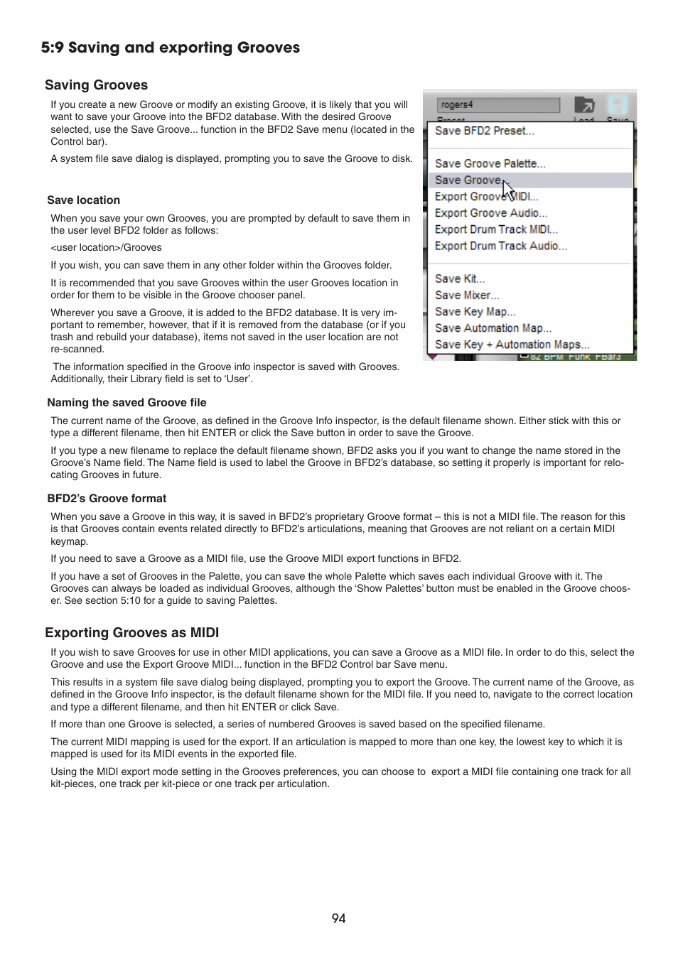 9 saving and exporting grooves, Saving grooves, Exporting grooves as midi | FXpansion BFD2 Manual User Manual | Page 94 / 180