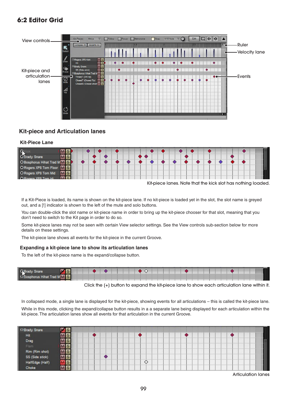 2 editor grid, Kit-piece and articulation lanes | FXpansion BFD2 Manual User Manual | Page 99 / 180