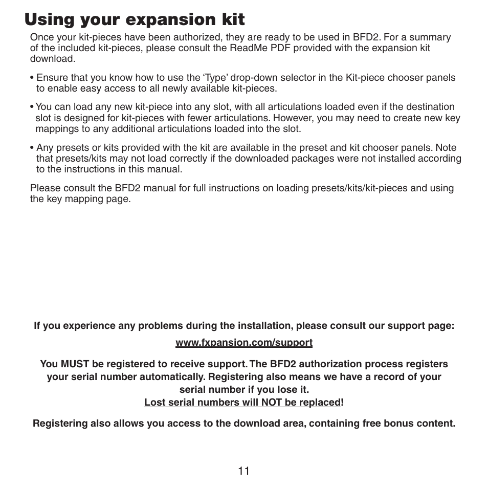 Using your expansion kit | FXpansion BFD2 Expansion Kit User Manual | Page 11 / 12