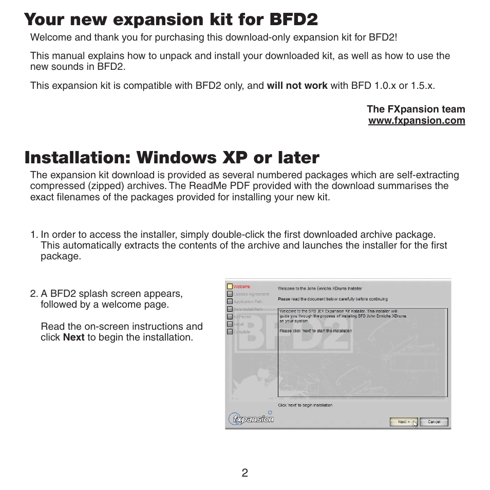 Your new expansion kit for bfd2, Installation: windows xp or later | FXpansion BFD2 Expansion Kit User Manual | Page 2 / 12