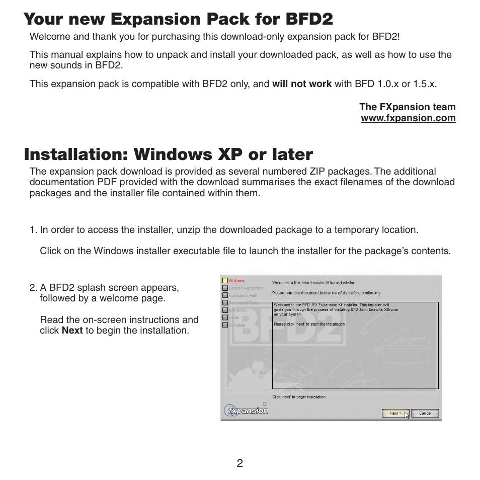 Your new expansion pack for bfd2, Installation: windows xp or later | FXpansion BFD2 Expansion Pack User Manual | Page 2 / 12