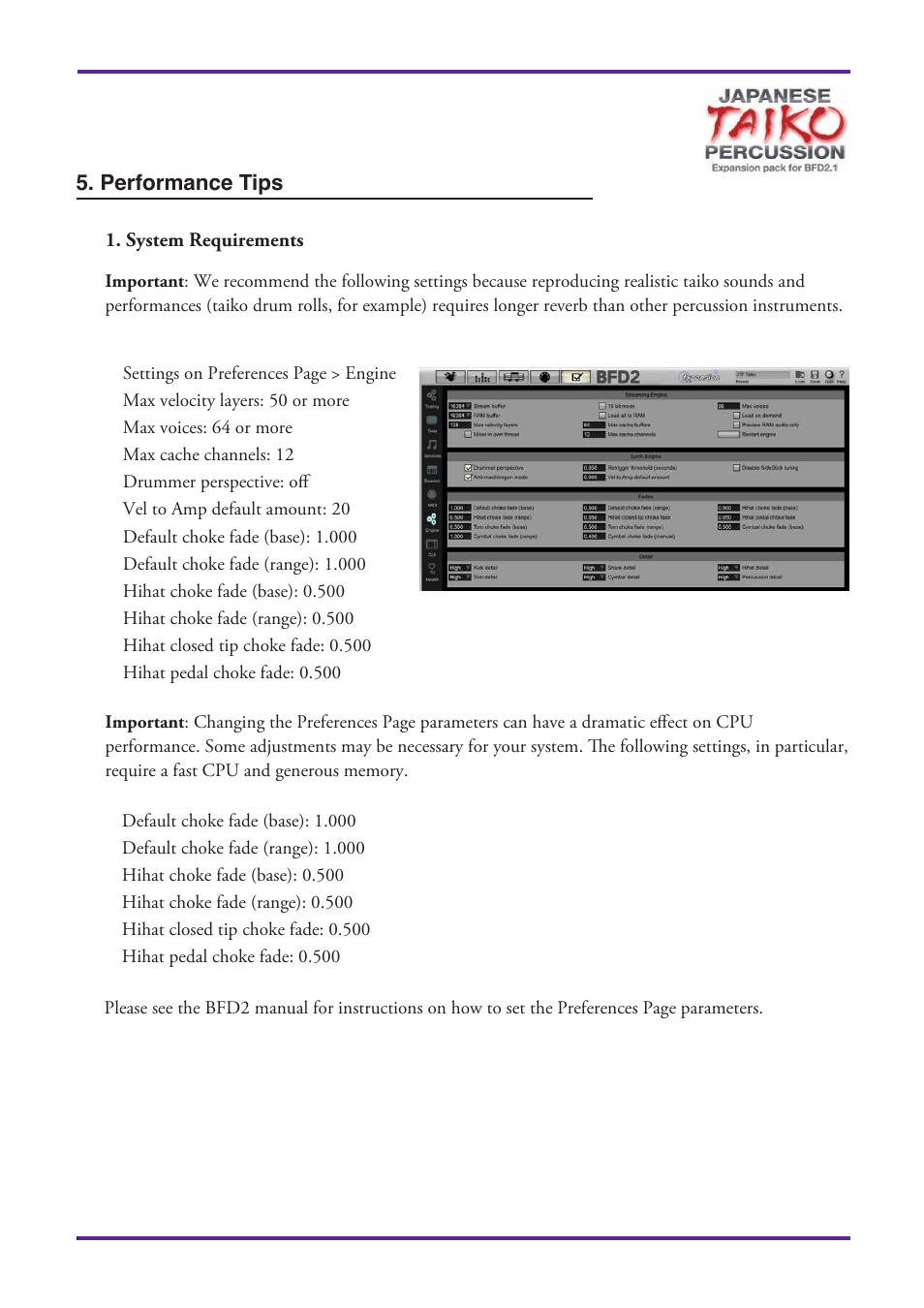 Performance tips, System requirements | FXpansion Japanese Taiko Percussion User Manual | Page 10 / 27