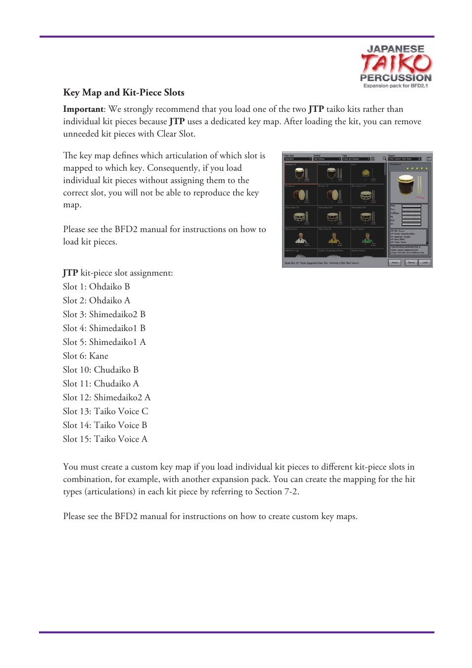 Key map and kit-piece slots | FXpansion Japanese Taiko Percussion User Manual | Page 12 / 27