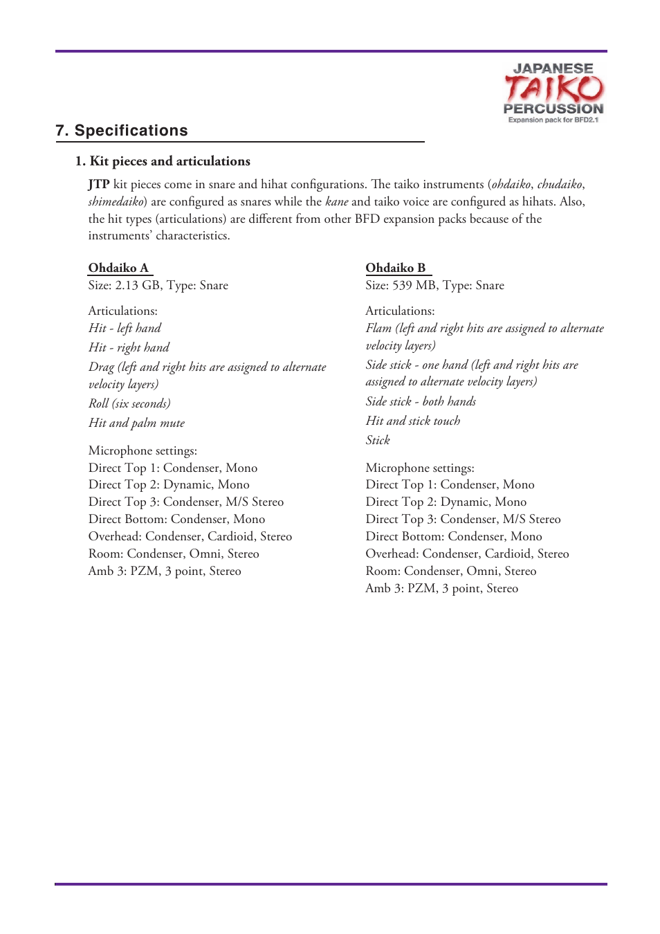 Specifications, Kit pieces and articulations | FXpansion Japanese Taiko Percussion User Manual | Page 16 / 27