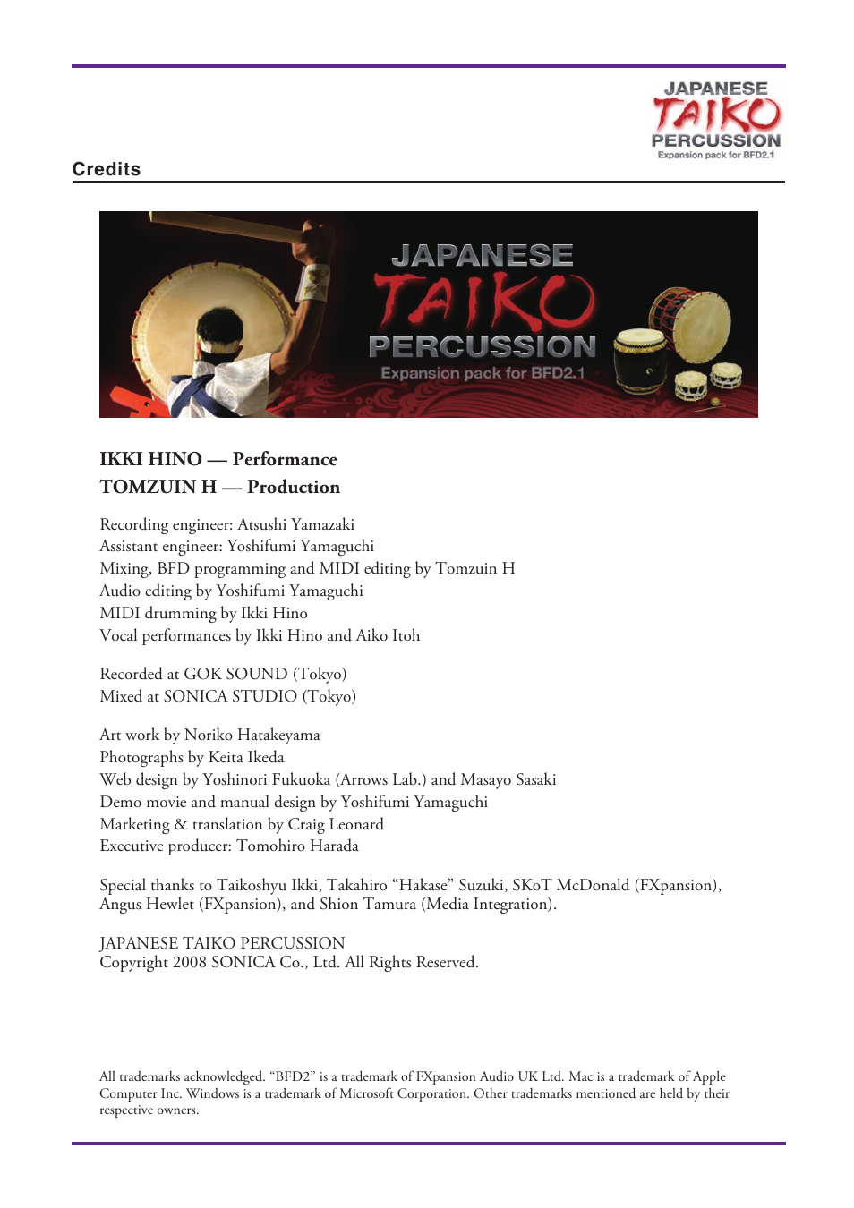 Credits, Ikki hino — performance tomzuin h — production | FXpansion Japanese Taiko Percussion User Manual | Page 27 / 27