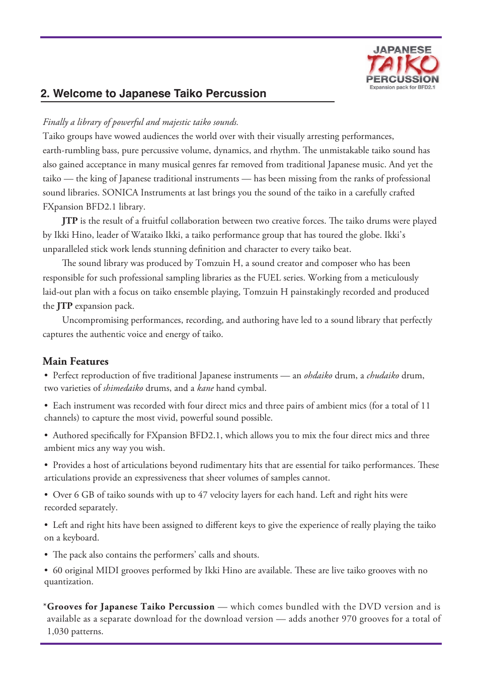 Welcome to japanese taiko percussion, Main features | FXpansion Japanese Taiko Percussion User Manual | Page 3 / 27