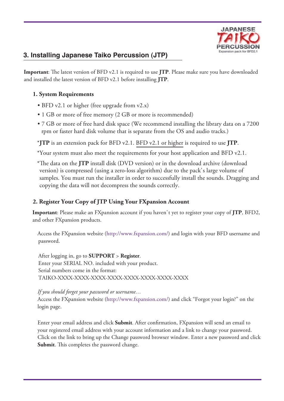 Installing japanese taiko percussion (jtp), System requirements, If you should forget your password or username | FXpansion Japanese Taiko Percussion User Manual | Page 6 / 27