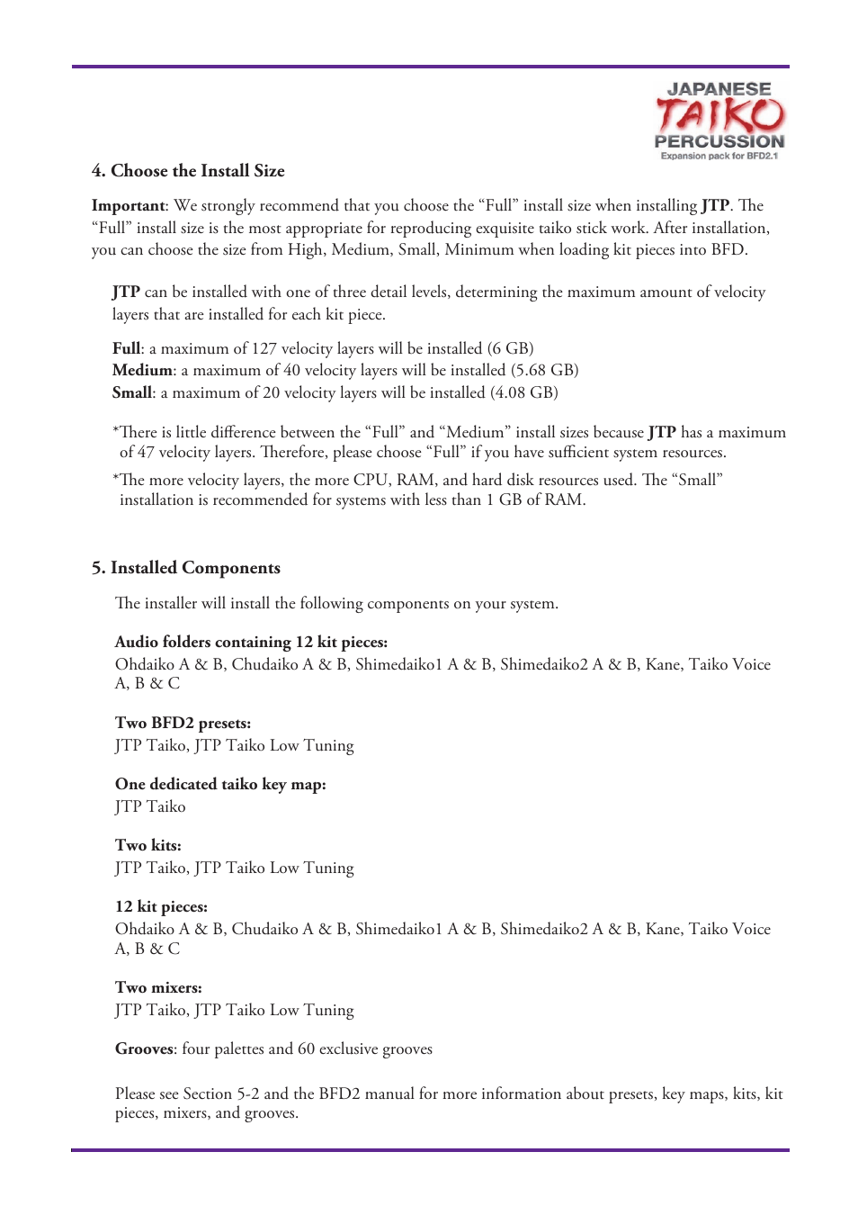 Choose the install size, Installed components | FXpansion Japanese Taiko Percussion User Manual | Page 8 / 27