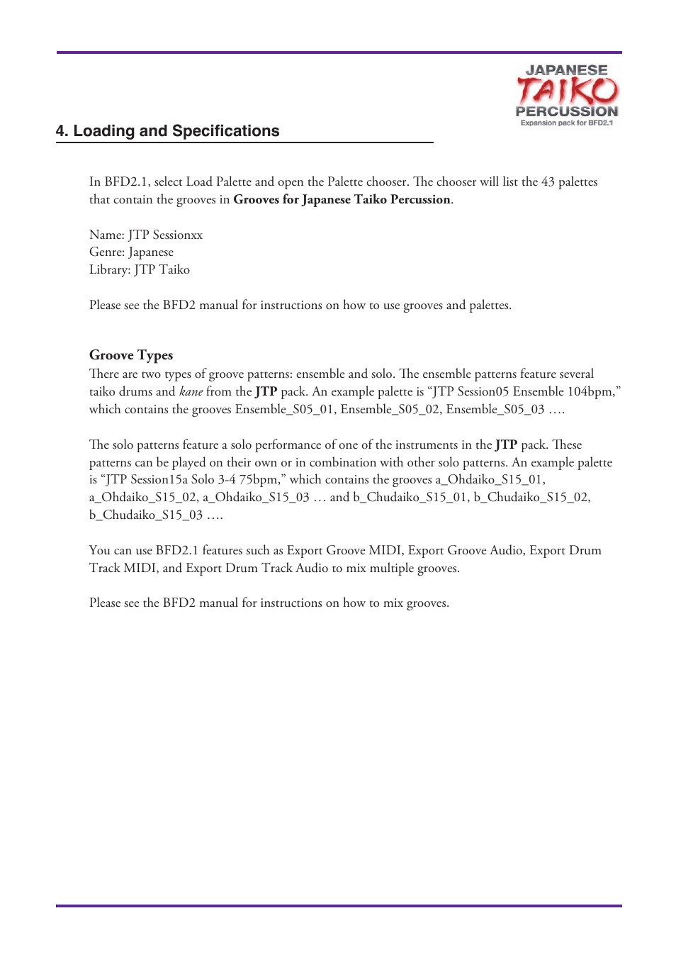 Loading and specifications, Groove types | FXpansion Grooves for Japanese Taiko Percussion User Manual | Page 5 / 15