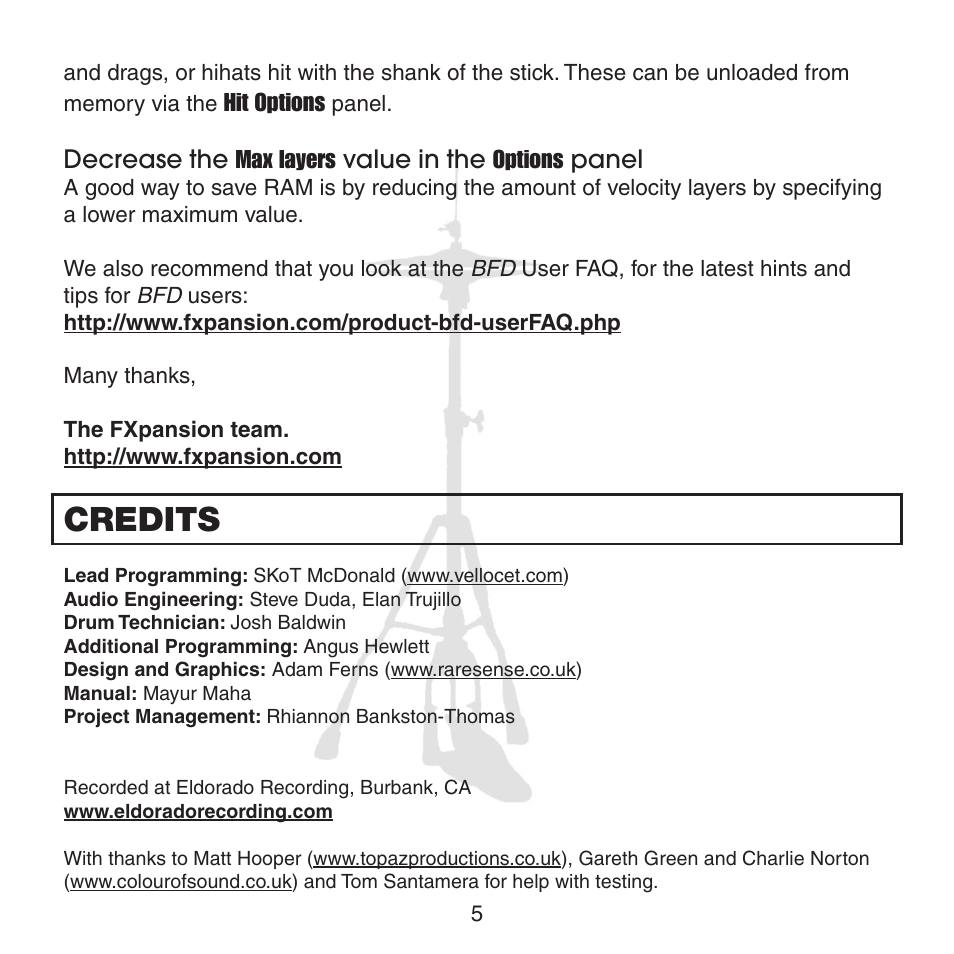 Credits | FXpansion BFD XFL User Manual | Page 5 / 16