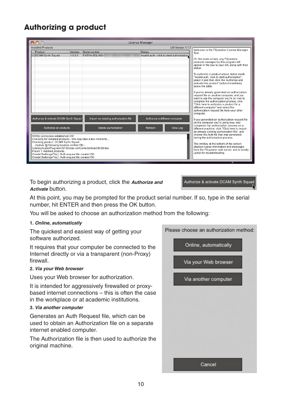 Authorizing a product | FXpansion DCAM Synth Squad Quick Start Guide User Manual | Page 10 / 46