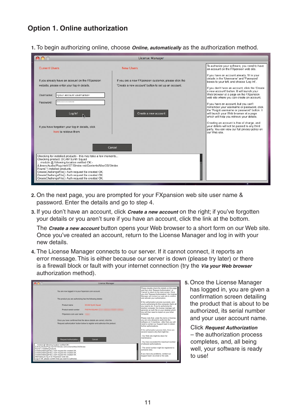 Option 1. online authorization | FXpansion DCAM Synth Squad Quick Start Guide User Manual | Page 11 / 46