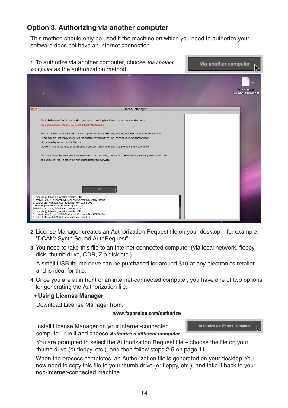 Option 3. authorizing via a different computer, Option . authorizing via a different computer, Option 3. authorizing via another computer | FXpansion DCAM Synth Squad Quick Start Guide User Manual | Page 14 / 46