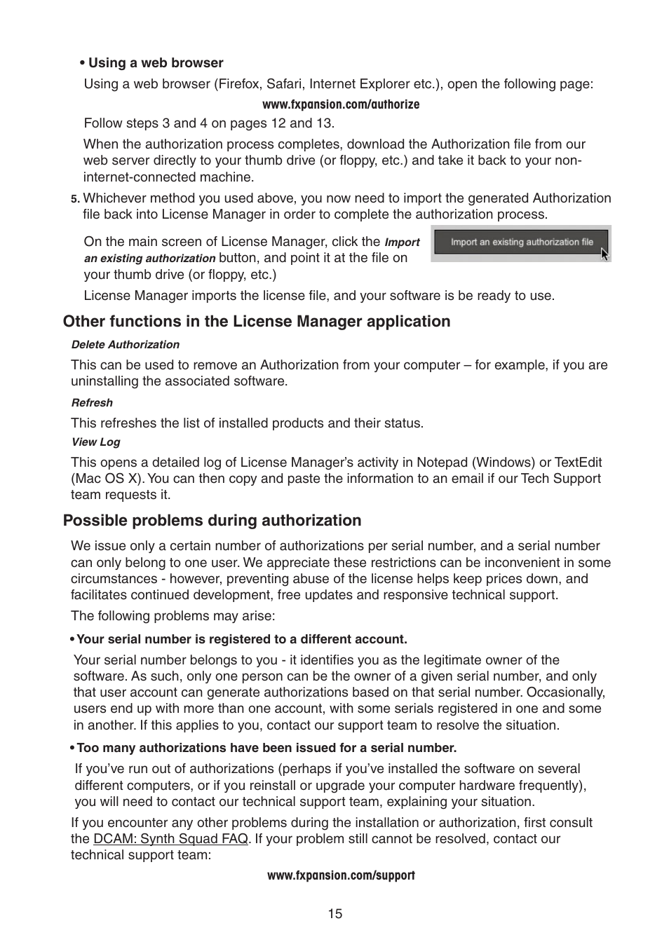 Other functions in the license manager application, Possible problems during authorization | FXpansion DCAM Synth Squad Quick Start Guide User Manual | Page 15 / 46