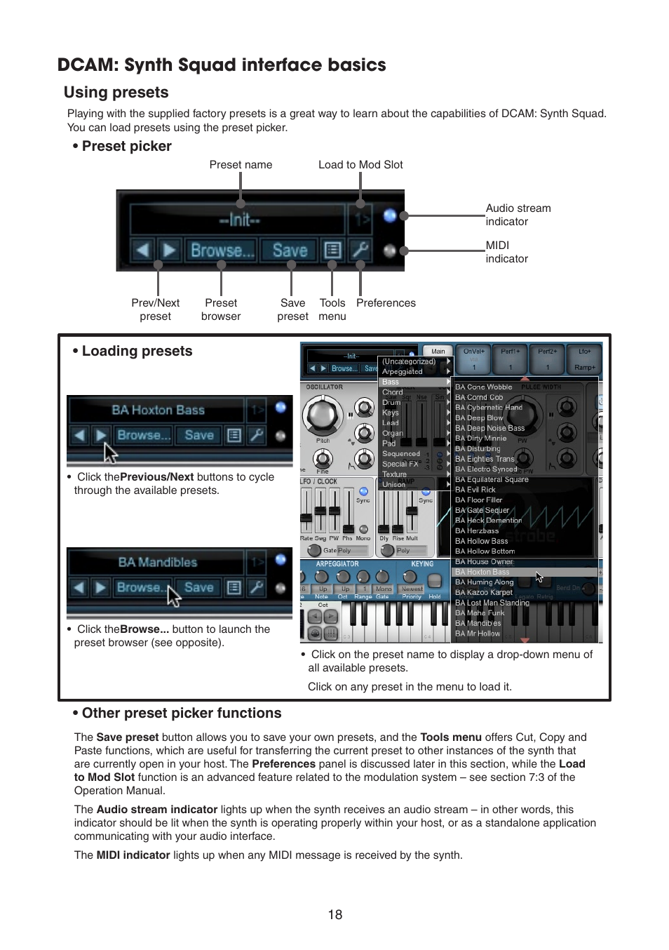 Dcam: synth squad interface basics, Using presets, Loading presets • preset picker | Other preset picker functions | FXpansion DCAM Synth Squad Quick Start Guide User Manual | Page 18 / 46