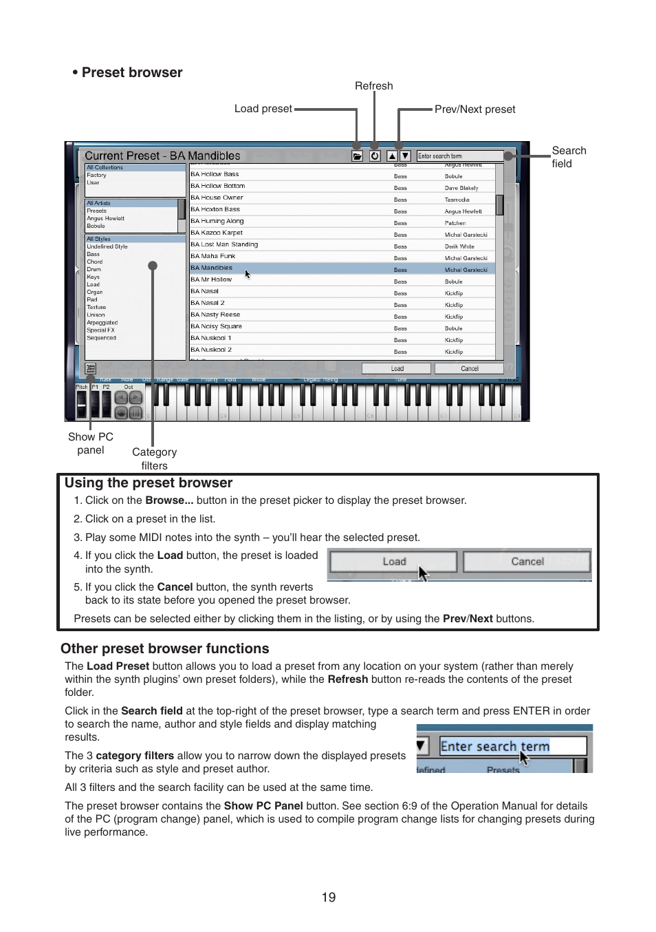 Using the preset browser, Other preset browser functions, Preset browser | FXpansion DCAM Synth Squad Quick Start Guide User Manual | Page 19 / 46