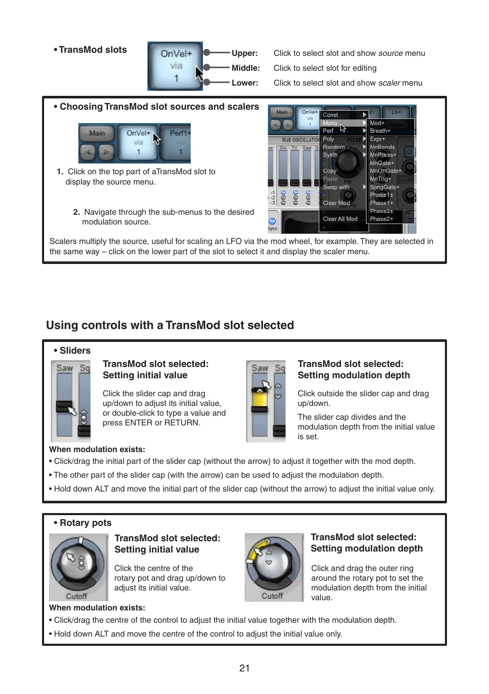 Using controls with a transmod slot selected | FXpansion DCAM Synth Squad Quick Start Guide User Manual | Page 21 / 46