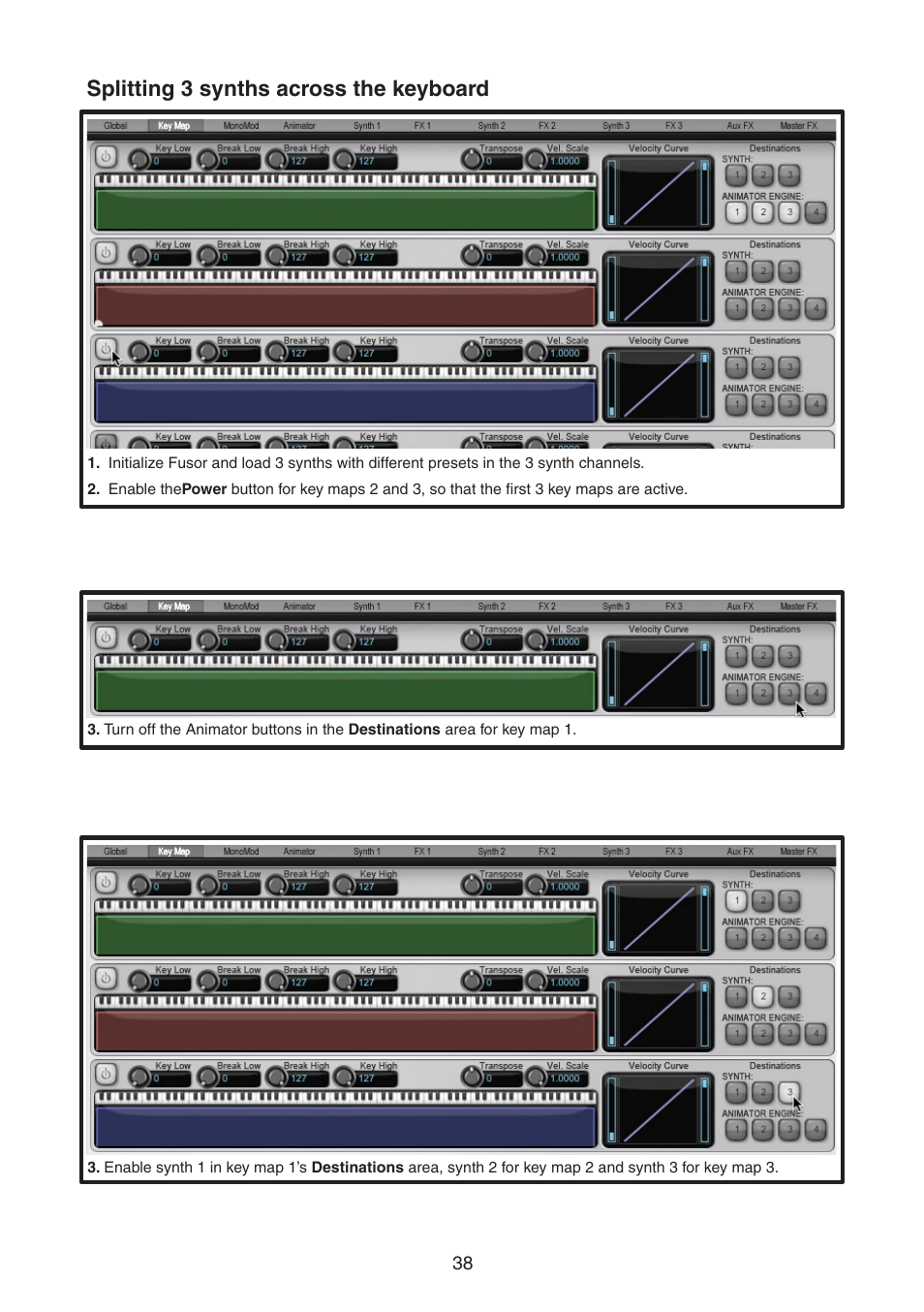 Splitting 3 synths across the keyboard, Splitting  synths across the keyboard | FXpansion DCAM Synth Squad Quick Start Guide User Manual | Page 38 / 46