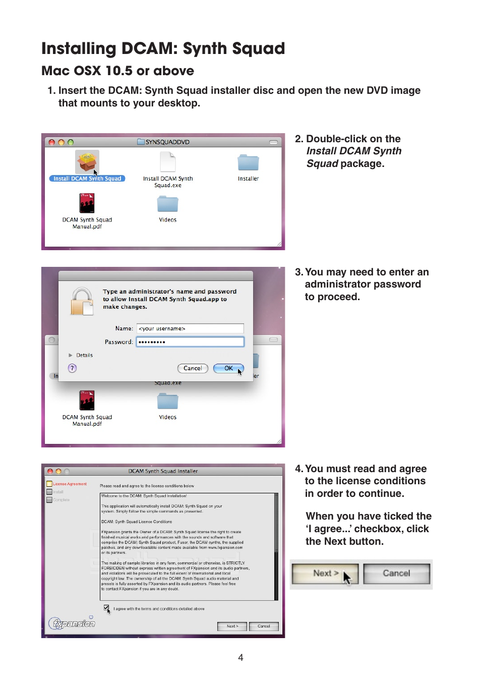 Installing dcam: synth squad: mac osx, Installing dcam: synth squad: mac osx 10.5 or abo, Installing dcam: synth squad | FXpansion DCAM Synth Squad Quick Start Guide User Manual | Page 4 / 46