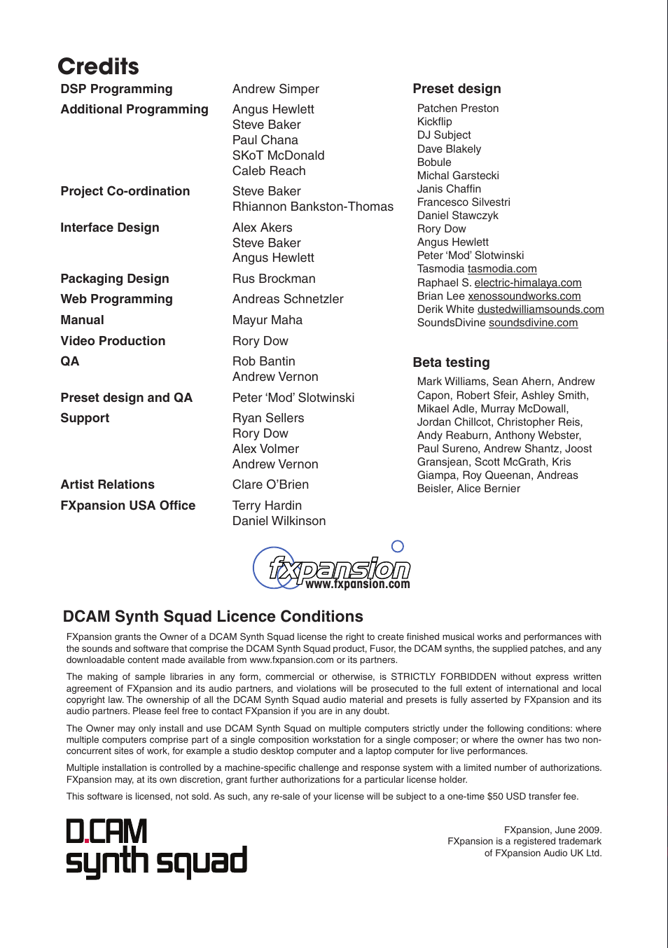 Credits, Dcam synth squad licence conditions | FXpansion DCAM Synth Squad Quick Start Guide User Manual | Page 44 / 46