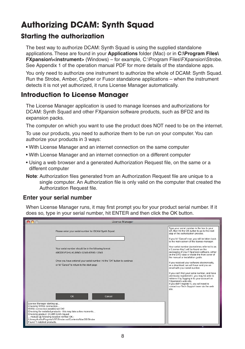 Authorizing dcam: synth squad, Starting the authorization, Introduction to license manager | FXpansion DCAM Synth Squad Quick Start Guide User Manual | Page 8 / 46