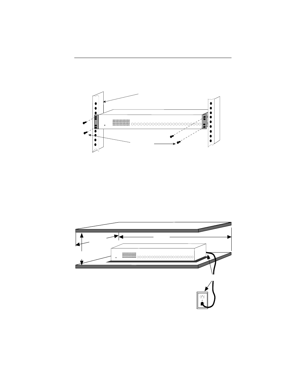 2 free-standing shelf or tabletop installatio, 2 free-standing shelf or tabletop installation, 7 ft | Screws (4) 19-inch rack | Cabletron Systems EMC38-12 User Manual | Page 17 / 35