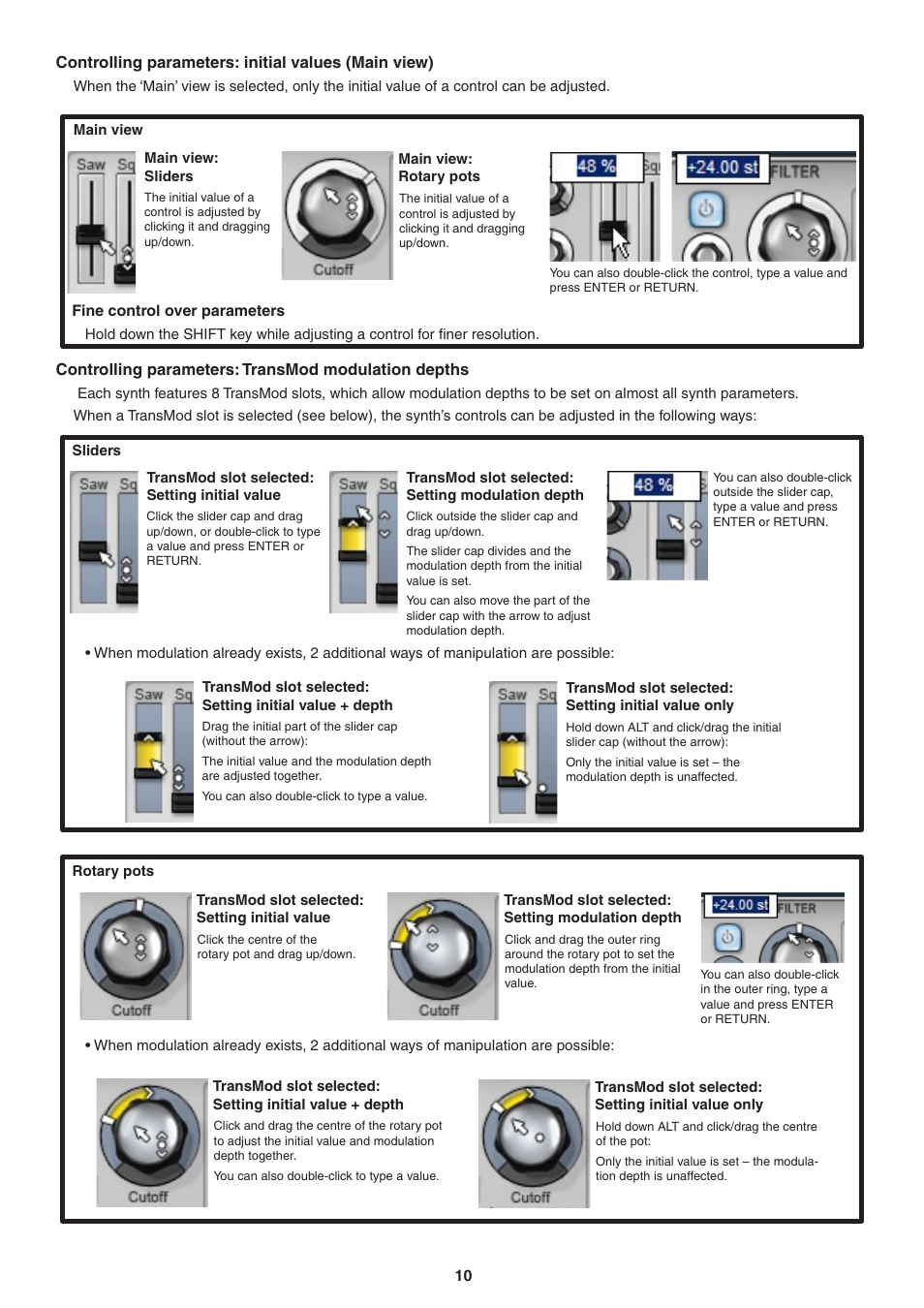 Controlling parameters: initial values (main view), Fine control over parameters, Controlling parameters: transmod modulation depths | FXpansion DCAM Synth Squad Operation Manual User Manual | Page 10 / 110