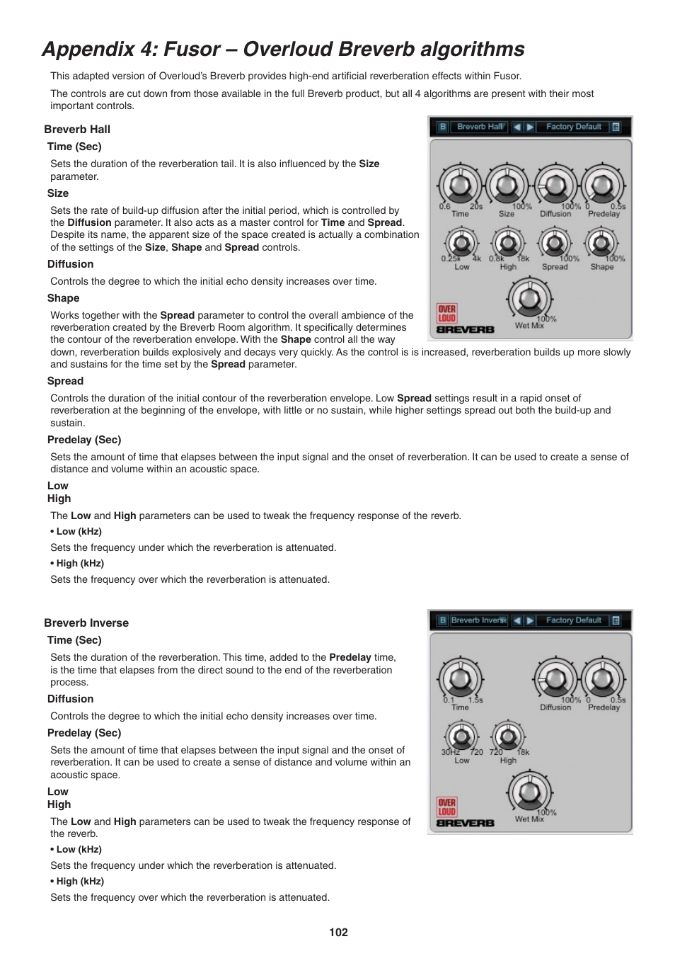 Appendix 4: fusor – overloud breverb algorithms, Breverb hall, Time (sec) | Size, Diffusion, Shape, Spread, Predelay (sec), Lowhigh, Breverb inverse | FXpansion DCAM Synth Squad Operation Manual User Manual | Page 102 / 110