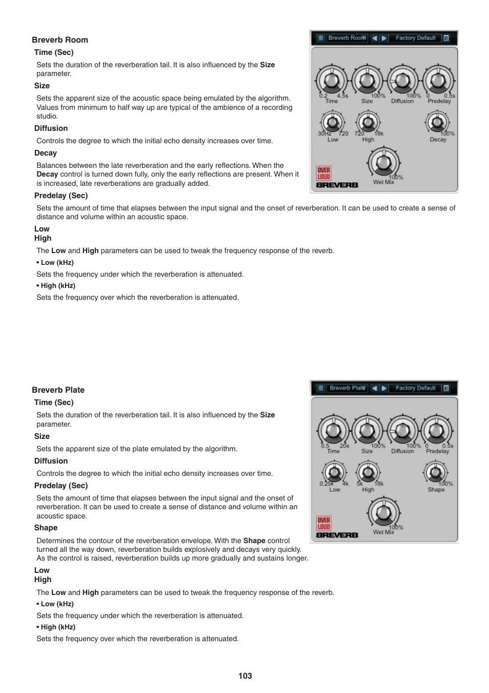 Breverb plate, Time (sec), Size | Diffusion, Predelay (sec), Shape, Lowhigh, Breverb room, Decay | FXpansion DCAM Synth Squad Operation Manual User Manual | Page 103 / 110