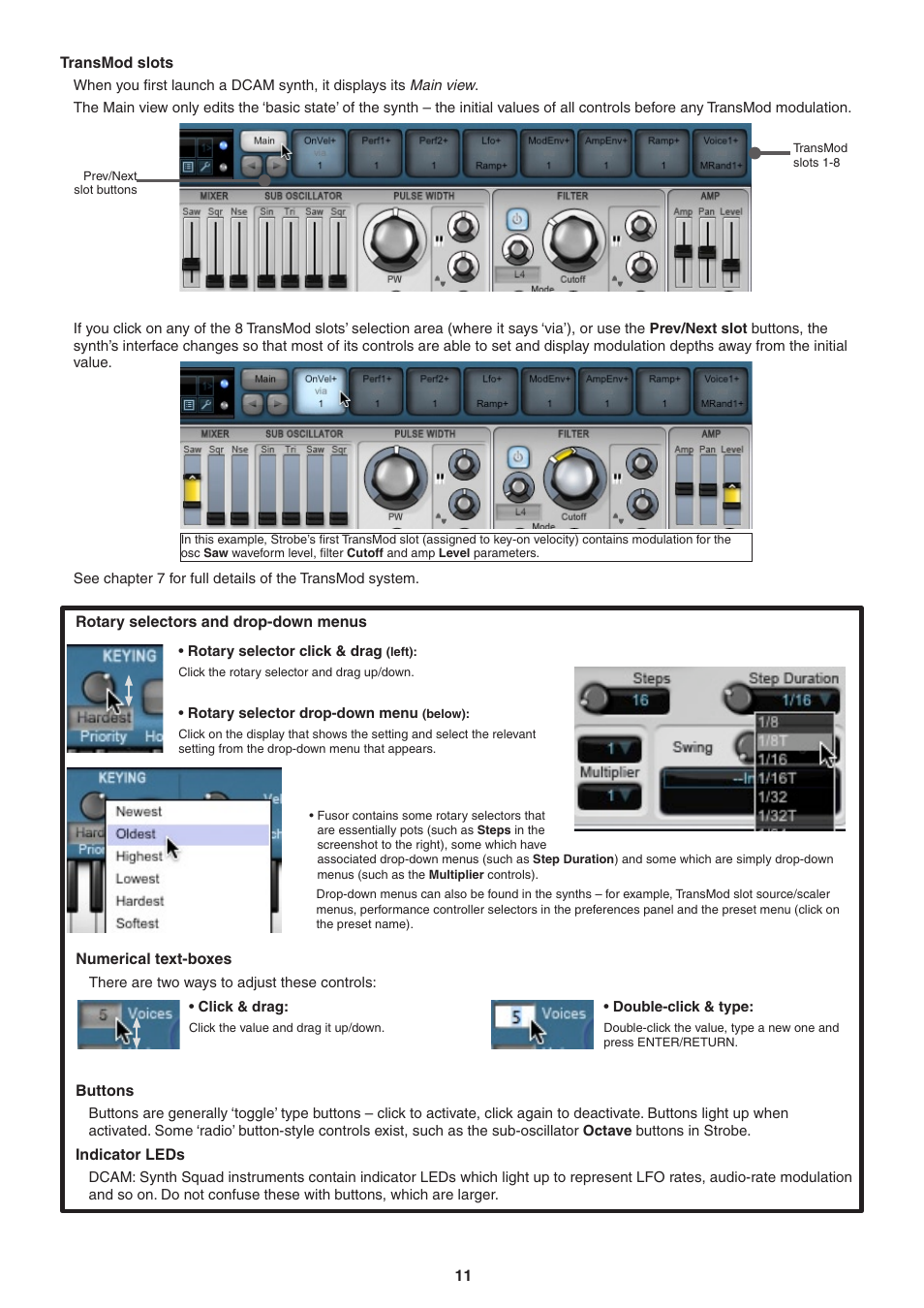 Transmod slots, Rotary selectors and drop-down menus, Numerical text-boxes | Buttons, Indicator leds | FXpansion DCAM Synth Squad Operation Manual User Manual | Page 11 / 110