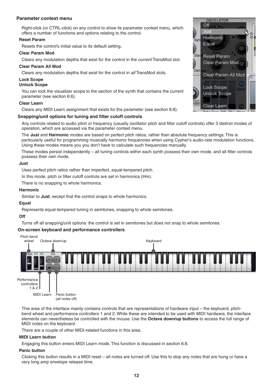 Parameter context menu, Reset param, Clear param mod | Clear param all mod, Lock scopeunlock scope, Clear learn, Just, Harmonic, Equal, On-screen keyboard and performance controllers | FXpansion DCAM Synth Squad Operation Manual User Manual | Page 12 / 110