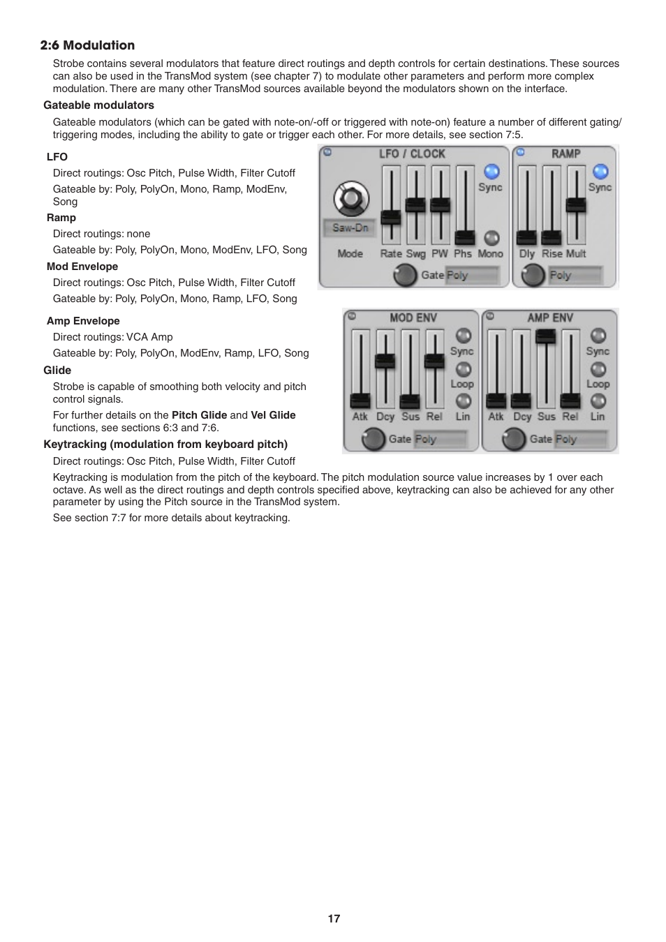 6 modulation, Gateable modulators, Ramp | Mod envelope, Amp envelope, Glide, Keytracking (modulation from keyboard pitch) | FXpansion DCAM Synth Squad Operation Manual User Manual | Page 17 / 110