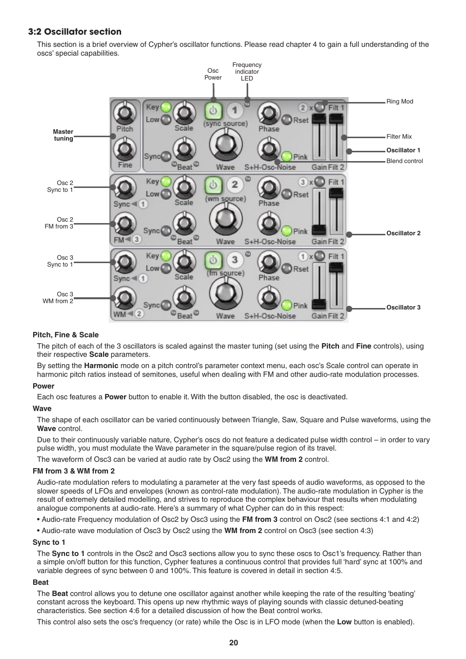 2 oscillator section, Pitch, fine & scale, Power | Wave, Fm from 3 & wm from 2, Sync to 1, Beat, Oscillator section | FXpansion DCAM Synth Squad Operation Manual User Manual | Page 20 / 110