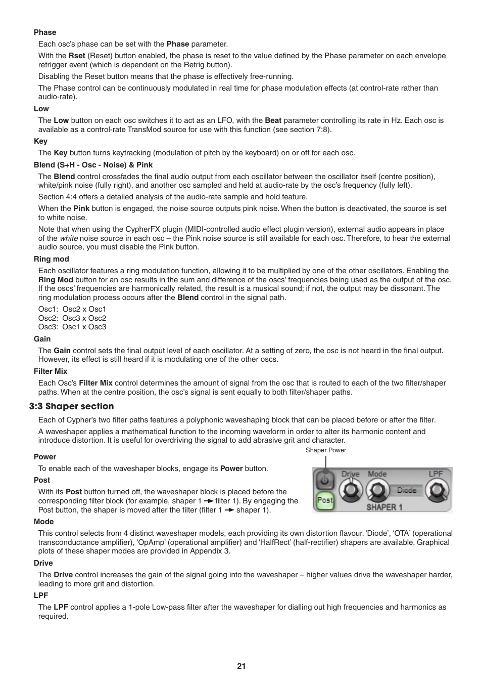 Phase, Blend (s+h - osc - noise) and pink, Ring mod | Gain, Filter mix, 3 shaper section, Power button, Post button, Mode, Drive | FXpansion DCAM Synth Squad Operation Manual User Manual | Page 21 / 110