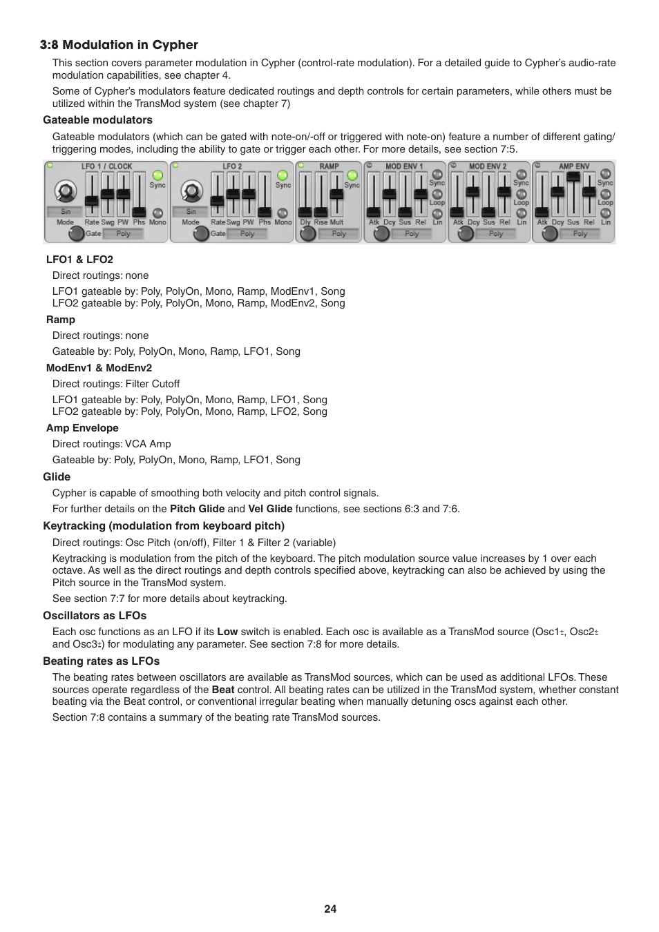 8 modulation in cypher, Gateable modulators, Lfo1 and lfo2 | Ramp, Modenv1 and modenv2, Amp envelope, Glide, Keytracking (modulation from keyboard pitch), Oscillators as lfos, Beating rates as lfos | FXpansion DCAM Synth Squad Operation Manual User Manual | Page 24 / 110