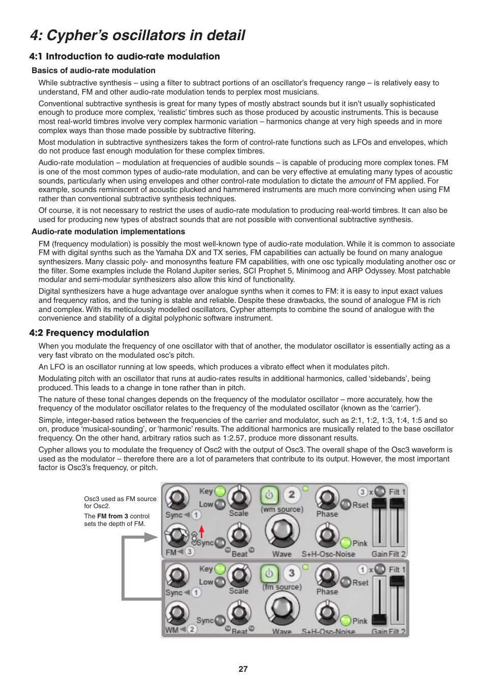 Ch.4: cypher’s oscillators in detail, 1 introduction to audio-rate modulation, Basics of audio-rate modulation | Audio-rate modulation implementations, 2 frequency modulation, Cypher’s oscillators in detail,  frequency modulation | FXpansion DCAM Synth Squad Operation Manual User Manual | Page 27 / 110