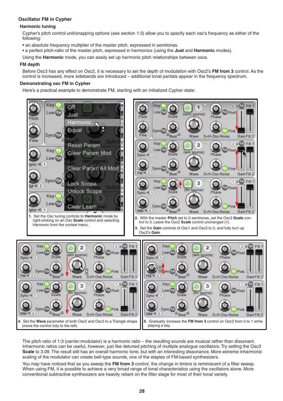 Oscillator fm in cypher, Harmonic tuning, Fm depth | Demonstrating osc fm in cypher | FXpansion DCAM Synth Squad Operation Manual User Manual | Page 28 / 110