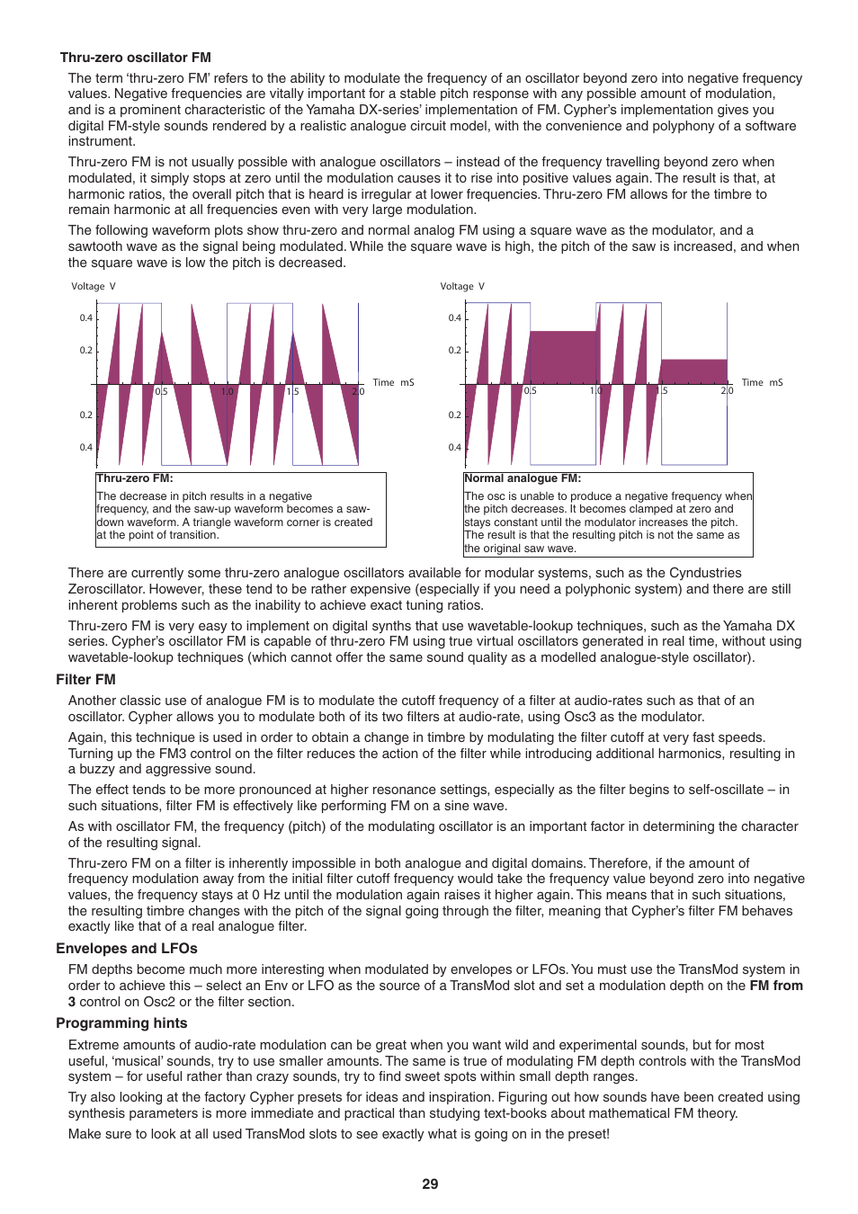 Thru-zero oscillator fm, Filter fm, Envelopes and lfos | Programming hints | FXpansion DCAM Synth Squad Operation Manual User Manual | Page 29 / 110