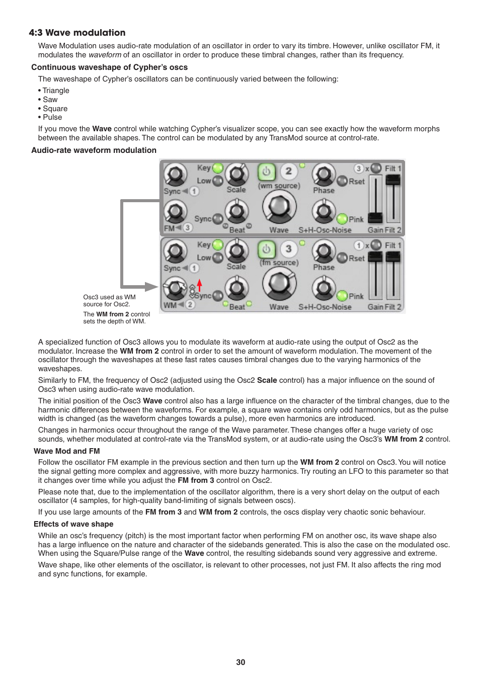 3 wave modulation, Continuous waveshape of cypher’s oscs, Audio-rate waveform modulation | Wave mod and fm, Effects of wave shape,  wave modulation | FXpansion DCAM Synth Squad Operation Manual User Manual | Page 30 / 110