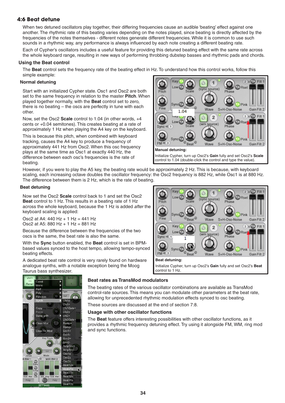 6 beat detune, Using the beat control, Normal detuning | Beat detuning, Beat rates as transmod modulators, Usage with other oscillator functions | FXpansion DCAM Synth Squad Operation Manual User Manual | Page 34 / 110