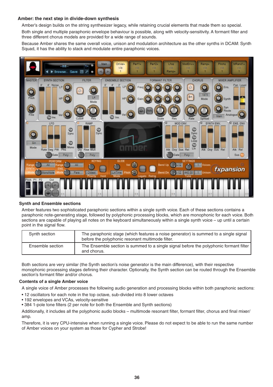 Amber: the next step in divide-down synthesis, Synth and ensemble sections, Contents of a single amber voice | FXpansion DCAM Synth Squad Operation Manual User Manual | Page 36 / 110