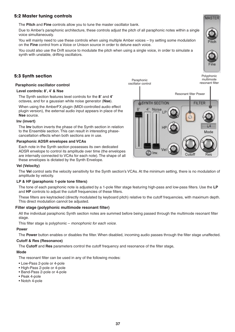 2 master tuning controls, 3 synth section, Paraphonic oscillator control | Level controls: 8’, 4’ and nse, Inv (invert), Paraphonic adsr envelopes and vcas, Vel (velocity), Lp and hp (paraphonic 1-pole tone filters), Power, Cutoff and res (resonance) | FXpansion DCAM Synth Squad Operation Manual User Manual | Page 37 / 110
