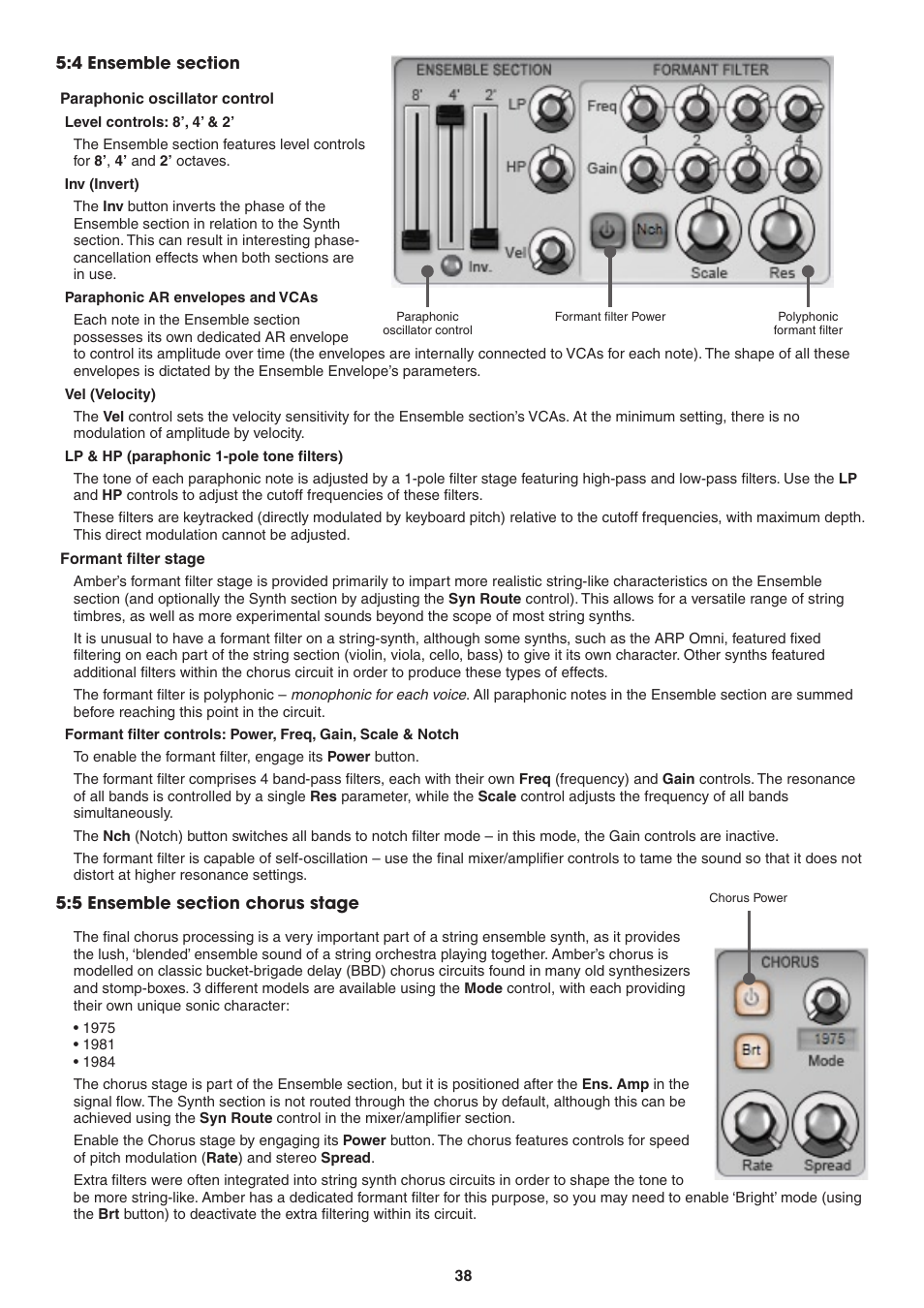 4 ensemble section, Paraphonic oscillator control, Level controls: 8’, 4’ and 2 | Inv (invert), Paraphonic ar envelopes and vcas, Vel (velocity), Lp and hp (paraphonic 1-pole tone filters), Formant filter stage, 5 ensemble section chorus stage | FXpansion DCAM Synth Squad Operation Manual User Manual | Page 38 / 110